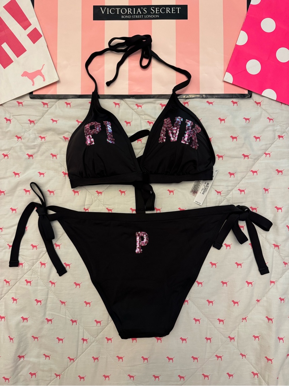 VS PINK BIKINI SWIM SET SIDE TIE BOTTOM & TRIANGLE TOP BLACK BLING LOGO NWT XL